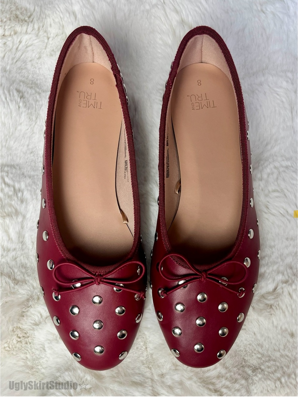Time and Tru Burgundy Studded Ballet Flats Bow Accents Size 8